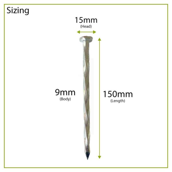 150mm garden edging pin with sizing dimensions 15mm (head), 9mm (body & 150mm (length)