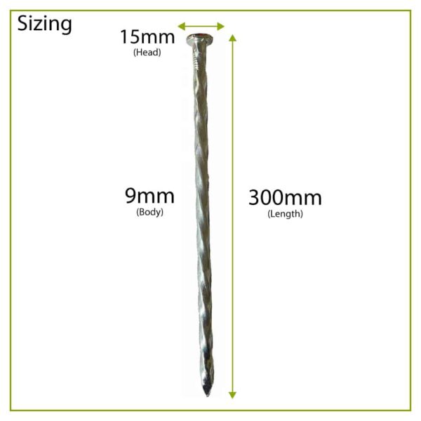 300mm galvanised steel edging pin sizing dimensions - 15mm (head), 9mm (body, 300mm (length)