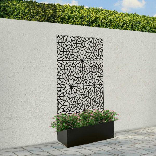 black planter with decorative screen