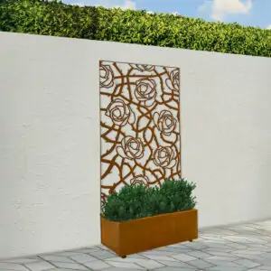 large corten steel planter with decorative screen